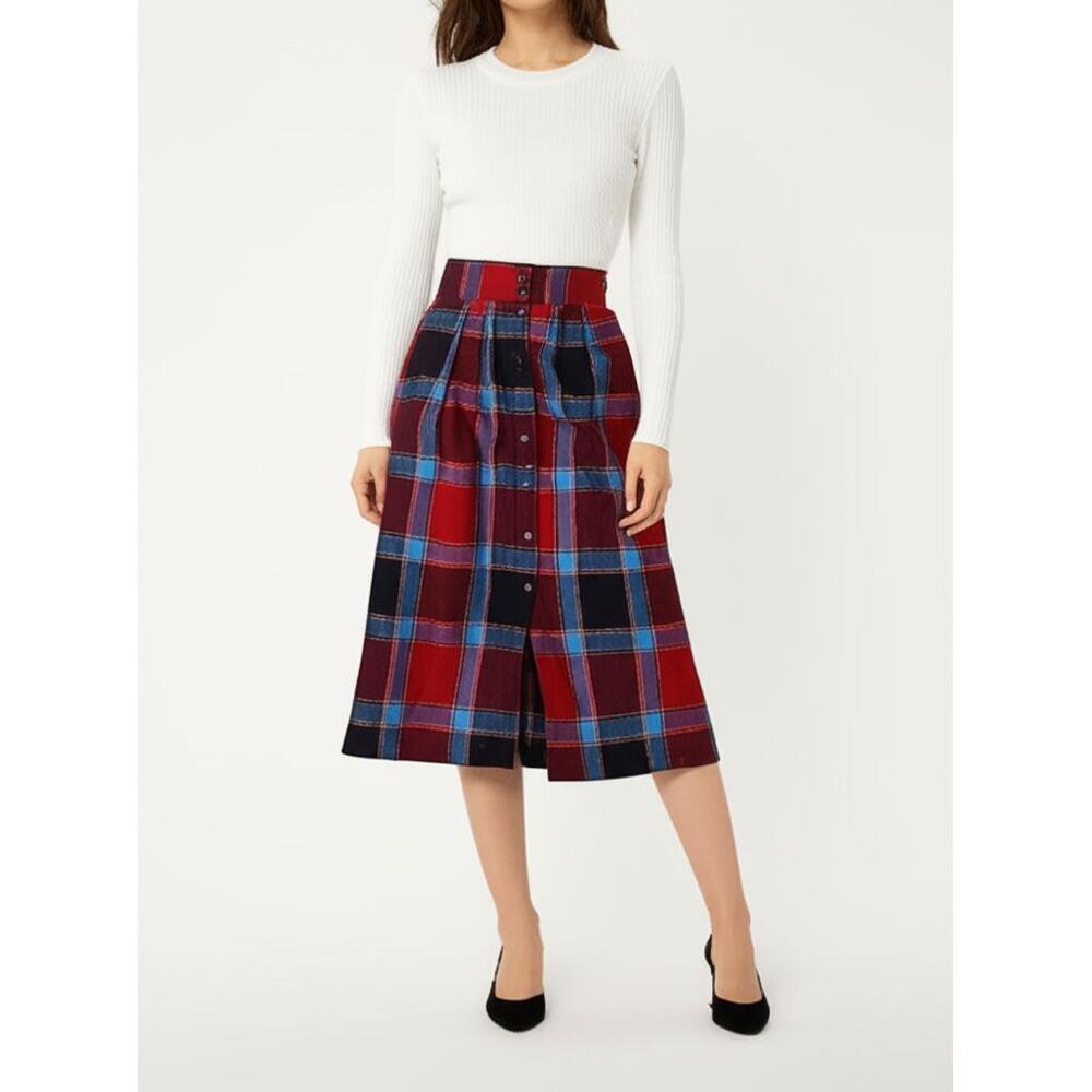 Taylor & Spencer Red Maroon Blue Purple Black Plaid A-line‎ Midi Skirt Vintage S